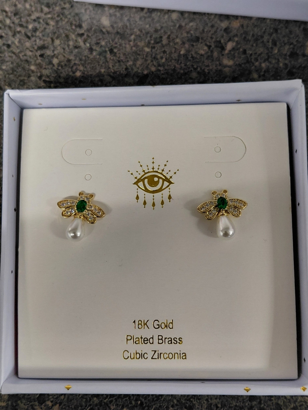 Eye Candy Gold Bee Earrings with Green Stones and Pearl Drops